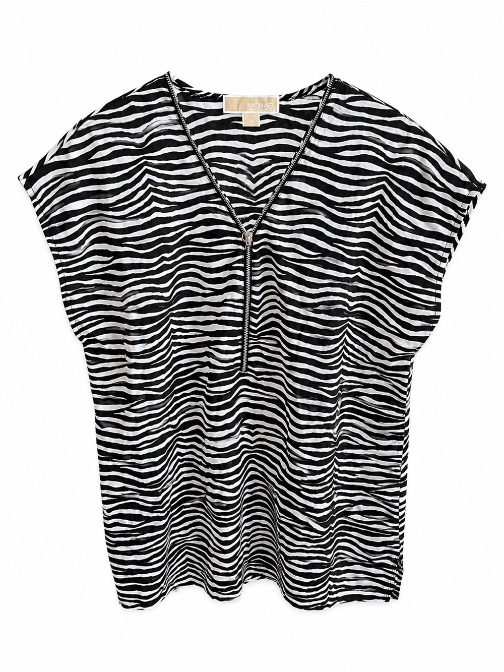 MICHAEL Michael Kors Black & White Zebra Print Zip V-Neck Blouse Size L NWOT